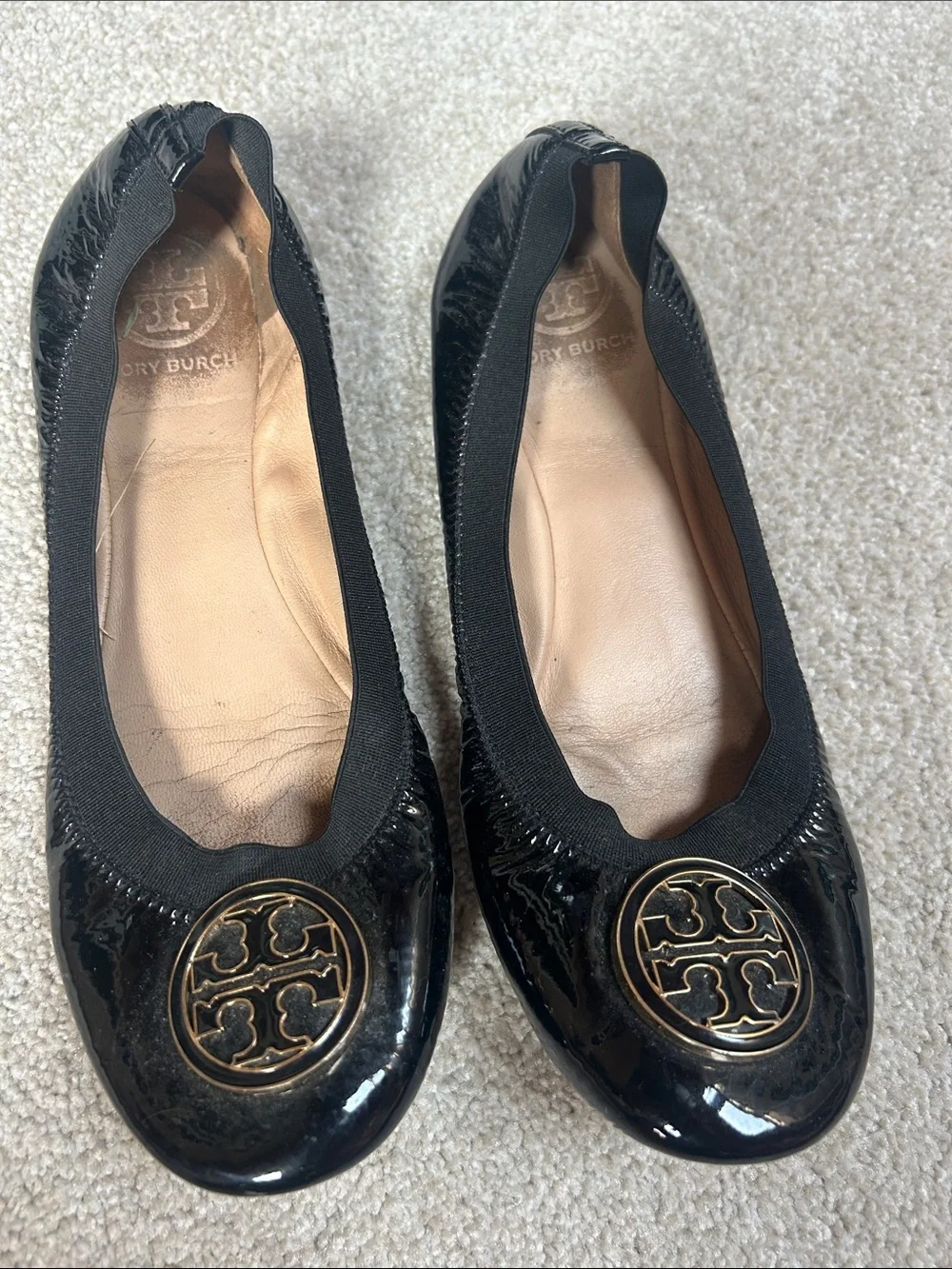 Tory Burch Black Patent Leather Logo Round-Toe Ballet Flats